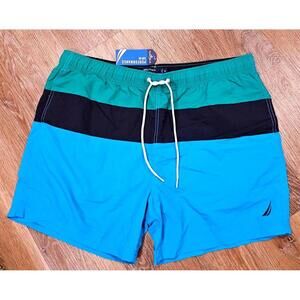Nautica Men's Green, Aqua & Navy Color Block Swim Trunks - XXL 40/42